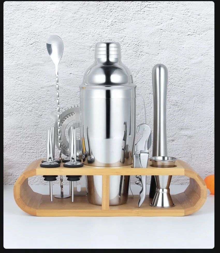 23-piece stainless steel cocktail set with European style finish including shaker, strainer, jigger, spoon and ice tongs