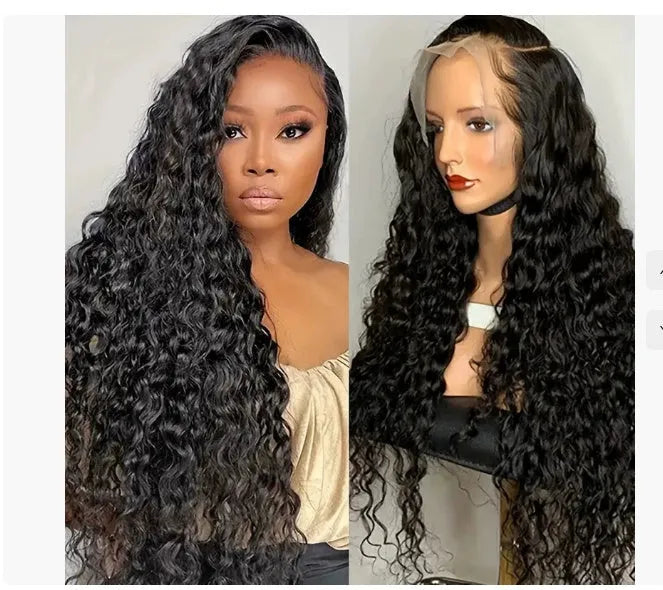 Curly human hair wig with lace front in various lengths showing natural texture and hand-woven construction