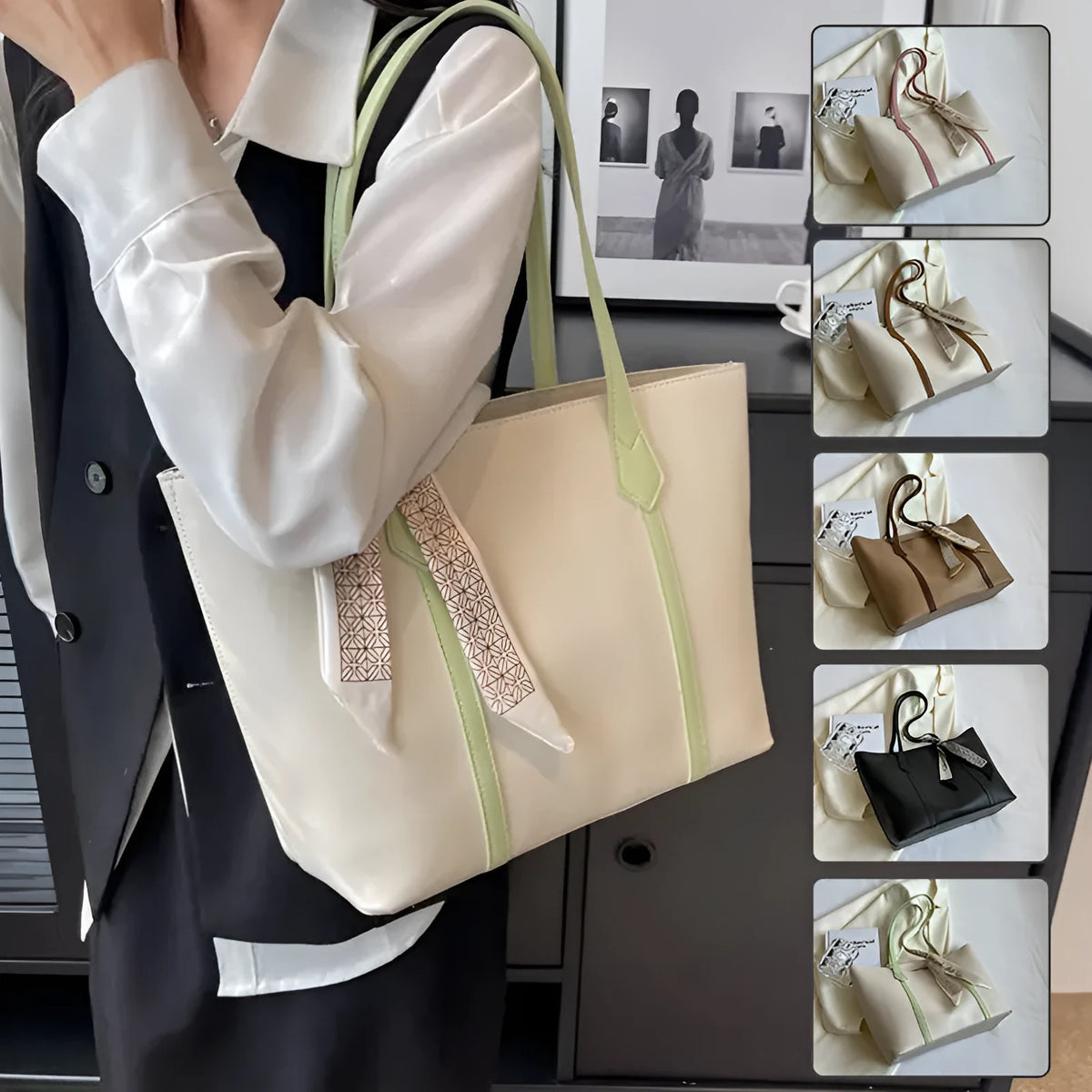 Large bucket-style tote bag with crossbody strap shown in multiple colour options