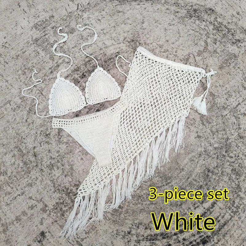 Handmade crochet bikini swimsuit set with matching beach skirt in acrylic fabric