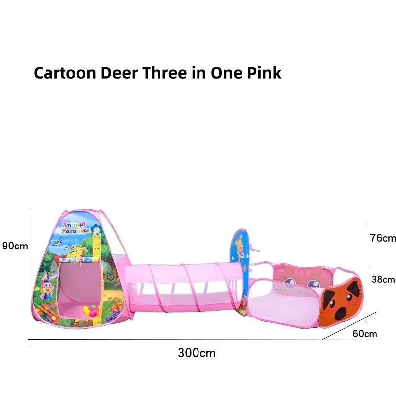 Three-in-one children's tent with marine cartoon design showing fabric tent, ball pool and connecting tunnel sections