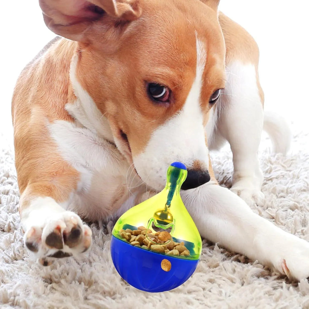 Blue pet treat tumbler dispenser for dogs and cats with interactive ball design
