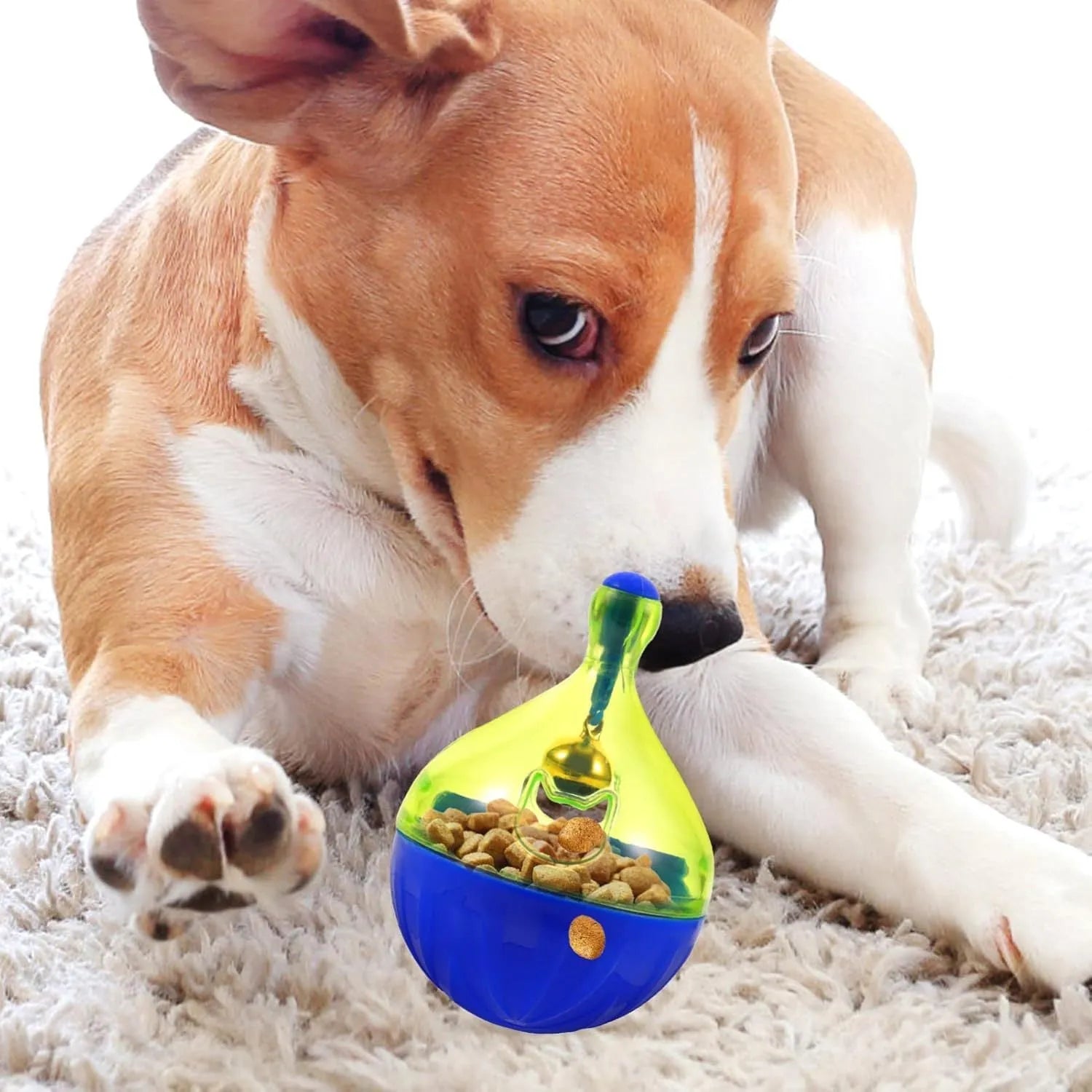 Blue pet treat tumbler dispenser for dogs and cats with interactive ball design