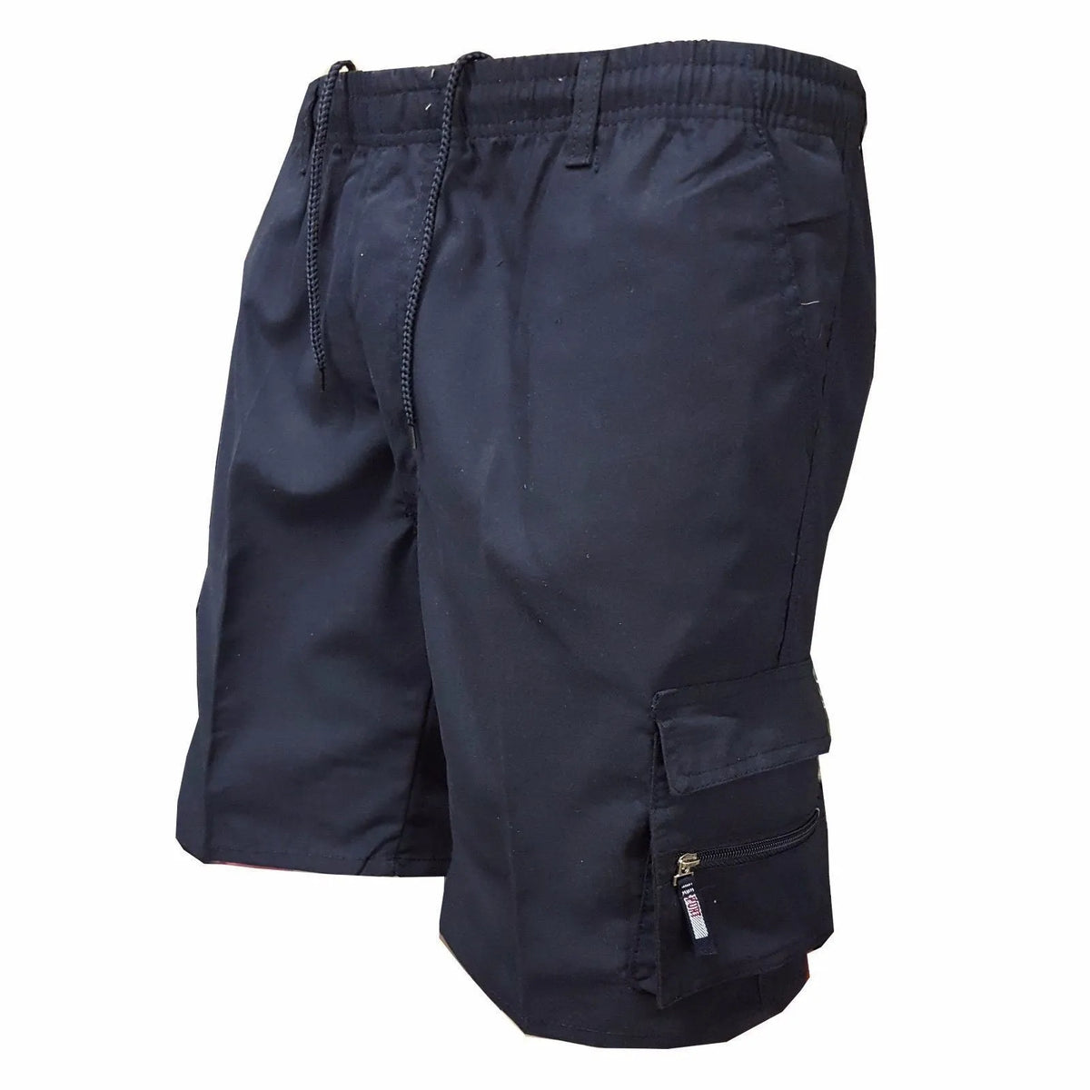Man wearing khaki multi-pocket casual cotton shorts with a drawstring waist.