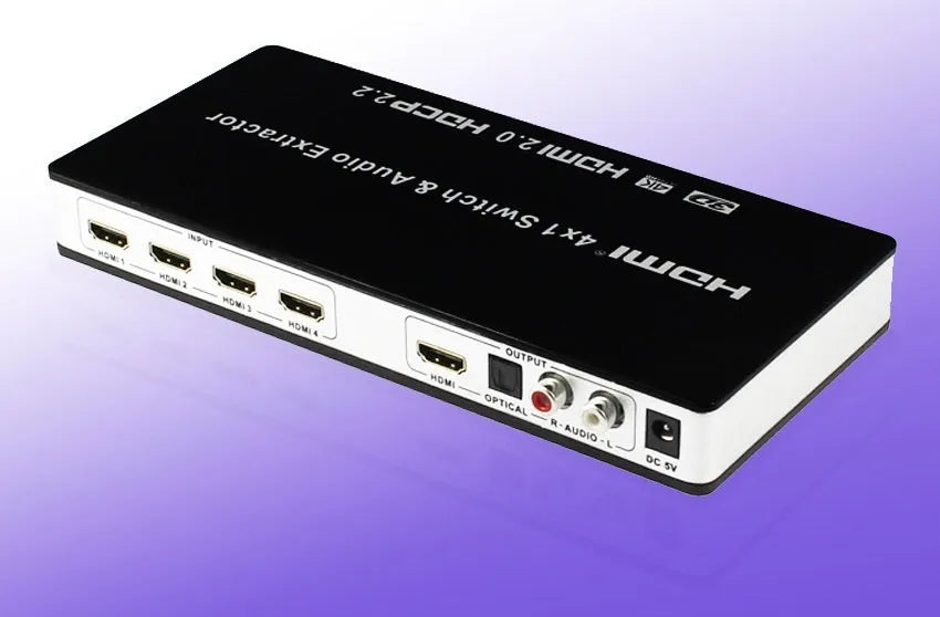 Black HDMI audio video switch unit with remote control and 10-metre cables for connecting four sources to one display.