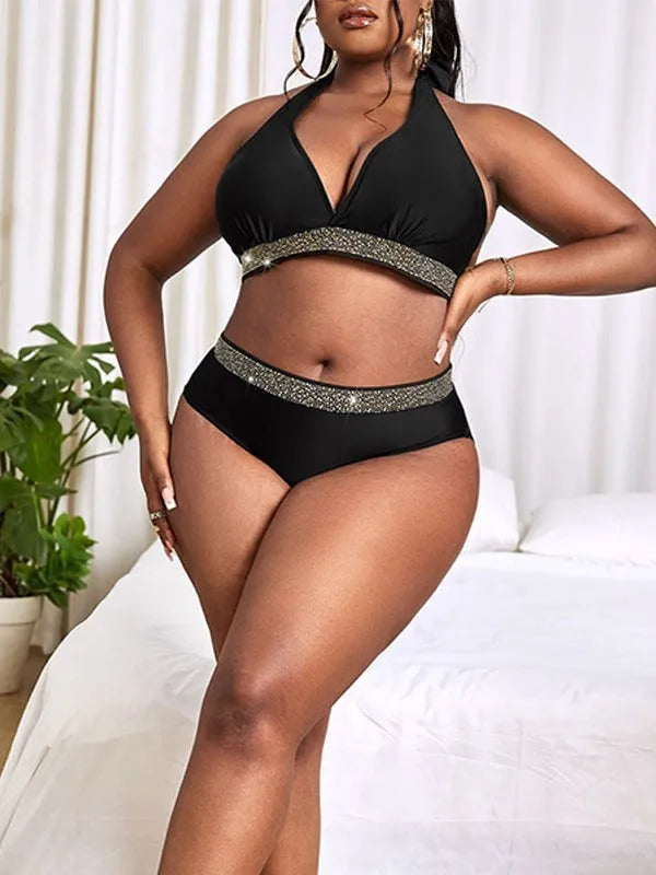 Black plus size women's bikini swimsuit showing bra and shorts two-piece design