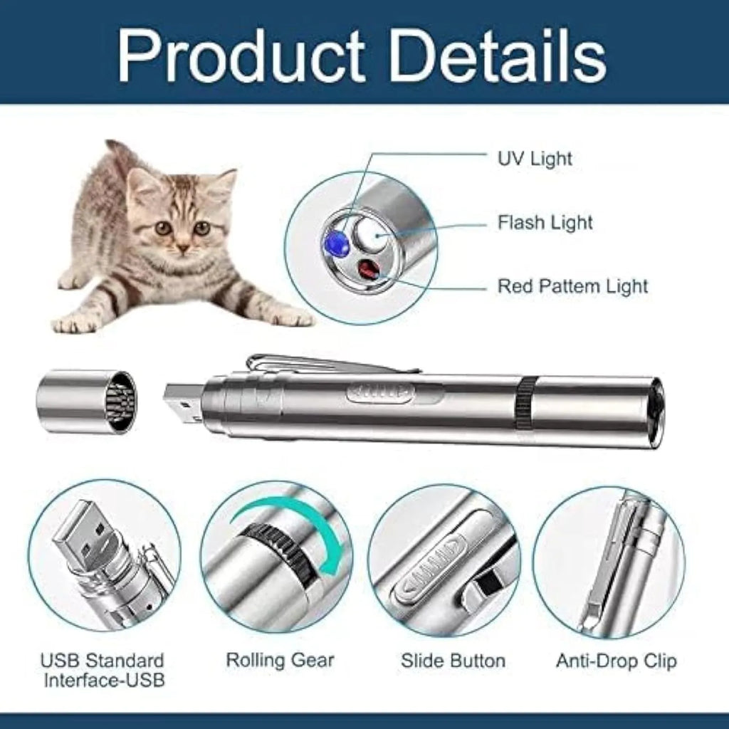 Silver aluminium cat toy pointer wand with light patterns for interactive indoor pet play