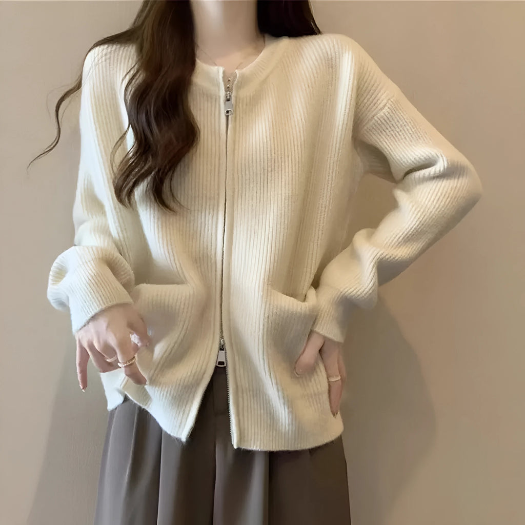 Women's soft viscose sweater coat cardigan in beige, available in small and plus sizes.