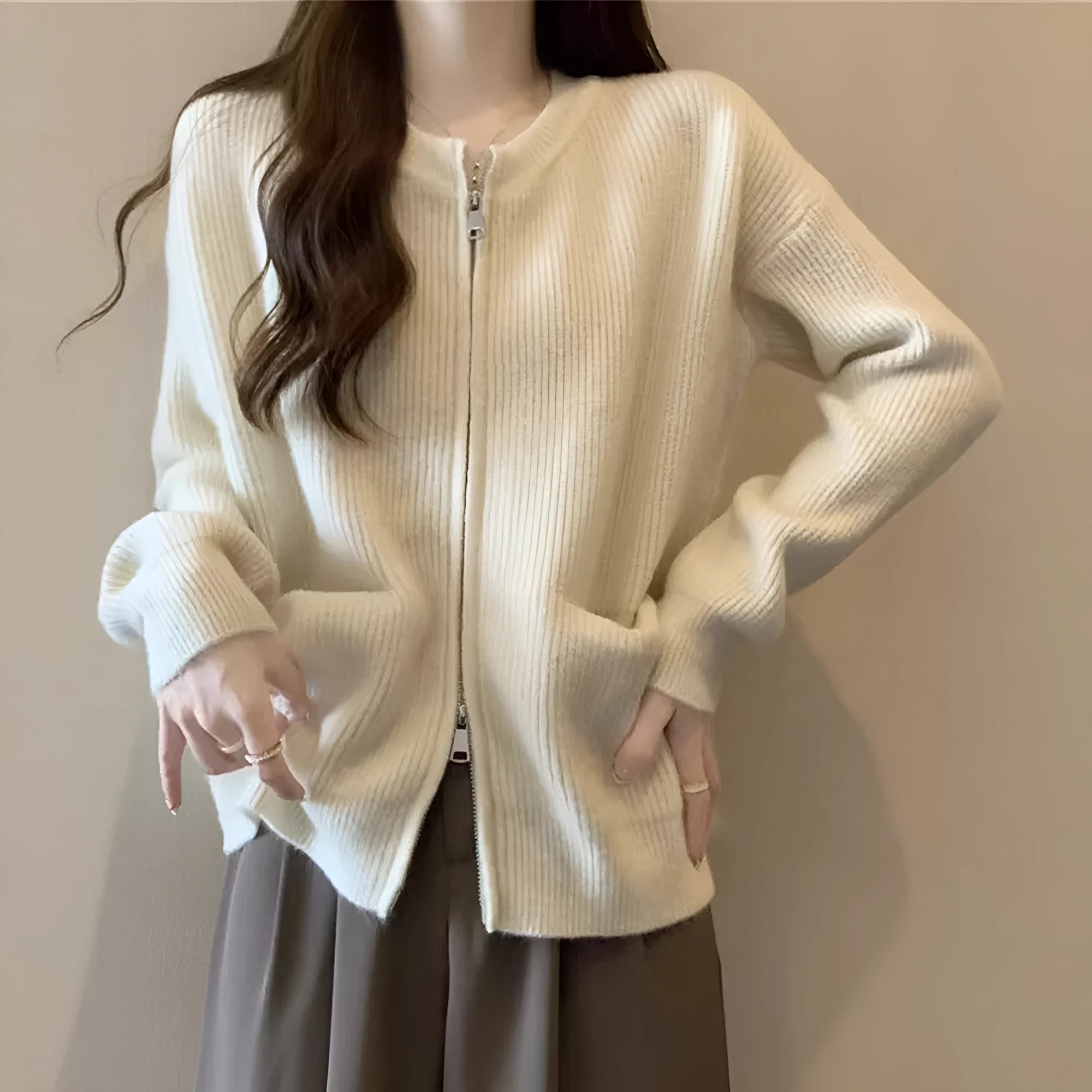 Women's soft viscose sweater coat cardigan in beige, available in small and plus sizes.