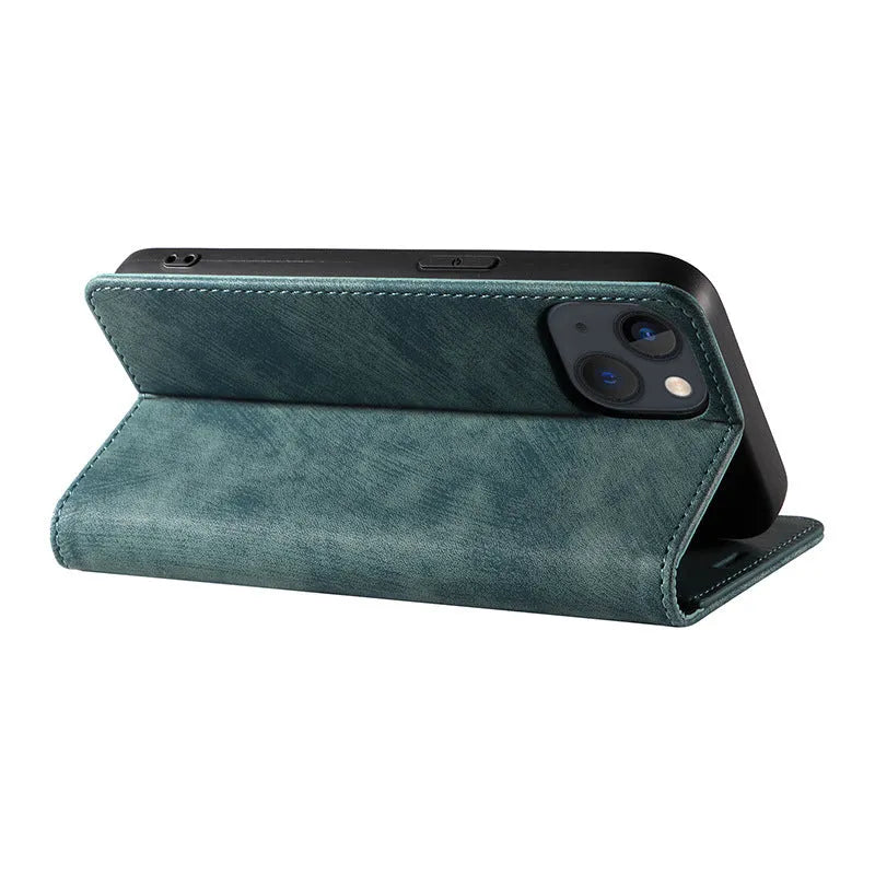 Genuine leather magnetic flip phone case in multiple colours for iPhone models.