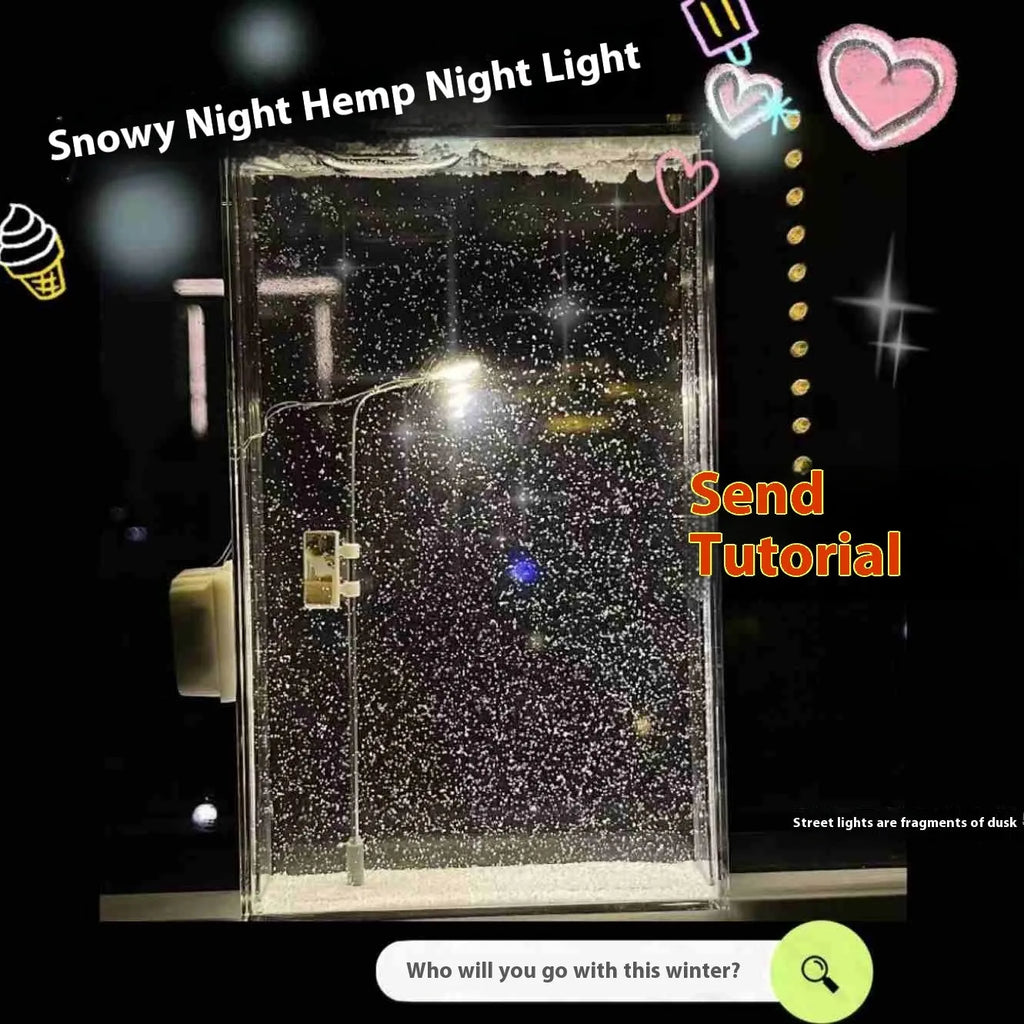 DIY snowy landscape night light kit showing components and assembled desktop decor with LED lights.