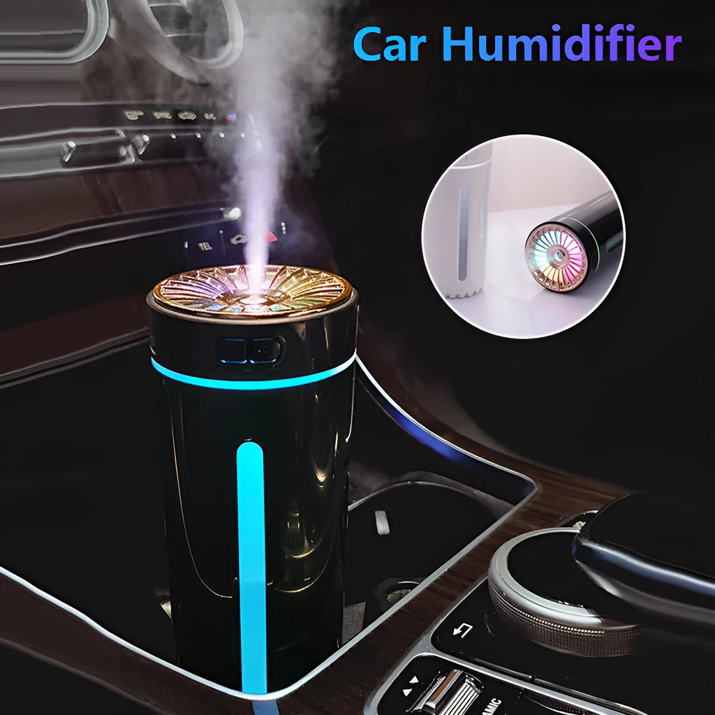 Black portable humidifier with LED lights showing dimensions and USB charging port
