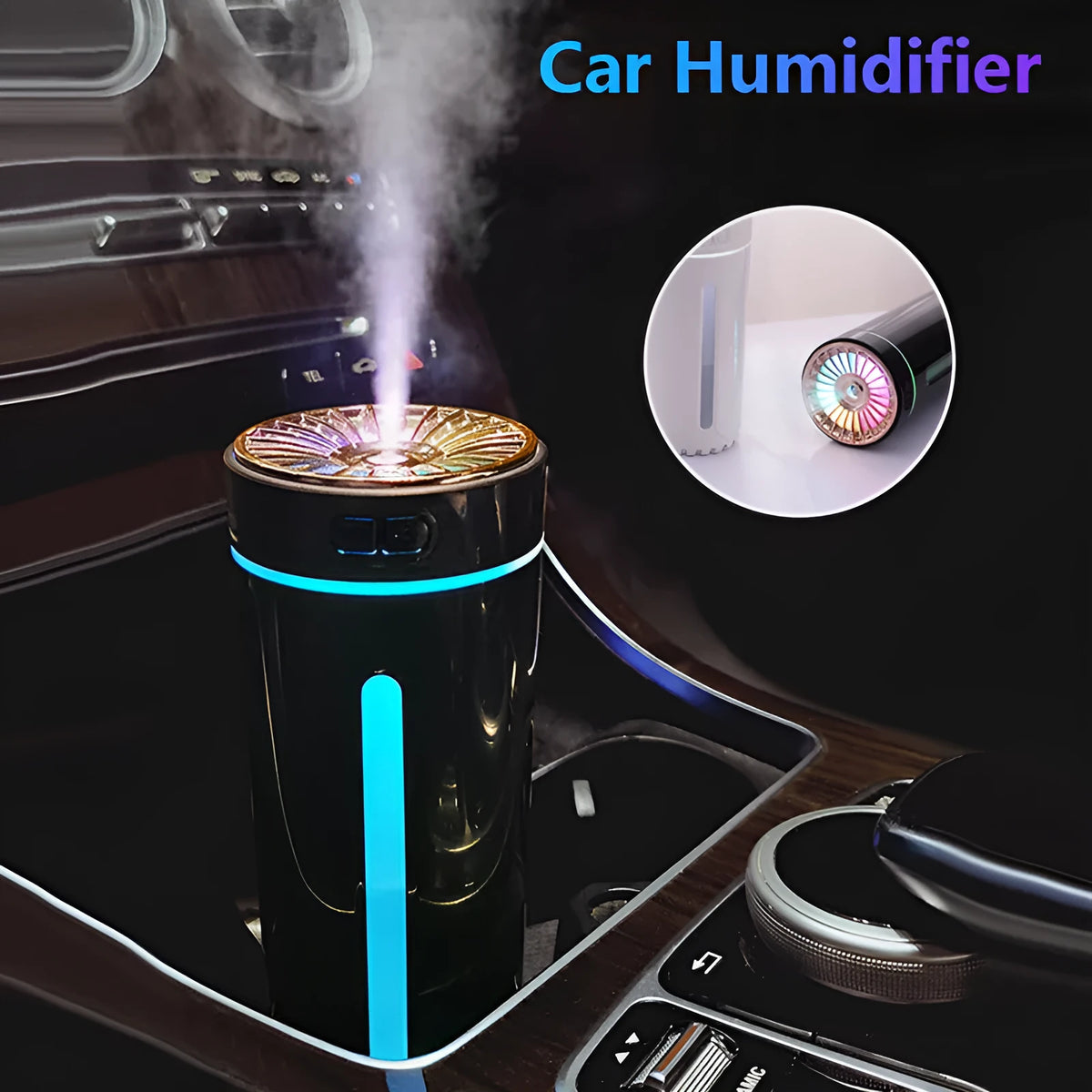 Black portable humidifier with LED lights showing dimensions and USB charging port