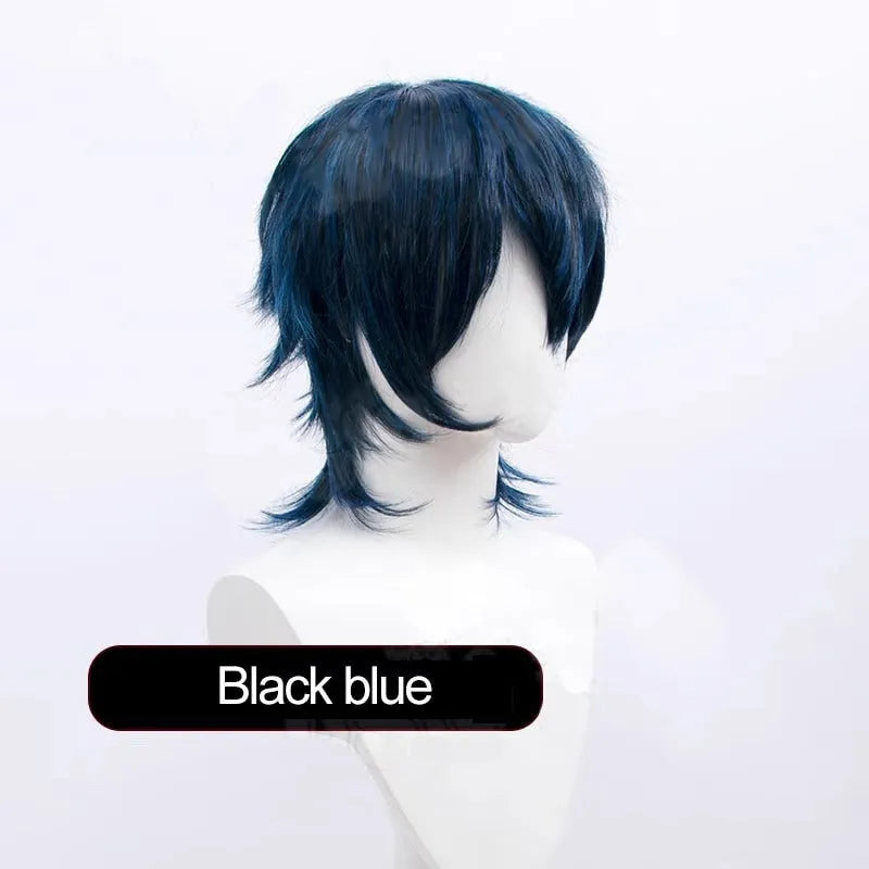 Men's short anime cosplay wig in high-temperature fibre on a wig stand, showing lengthened hair tail.