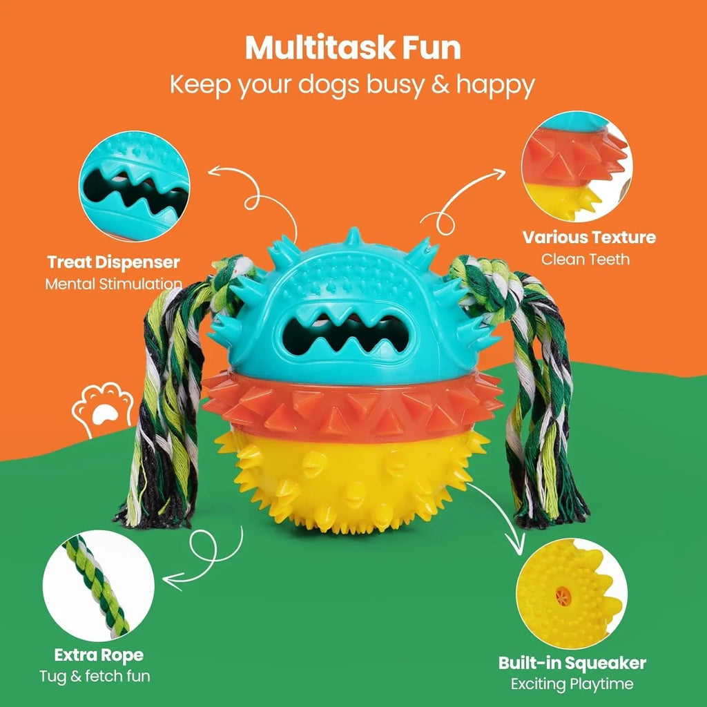 Blue red and yellow ball-shaped dog toy with treat dispenser hole and rope attachment