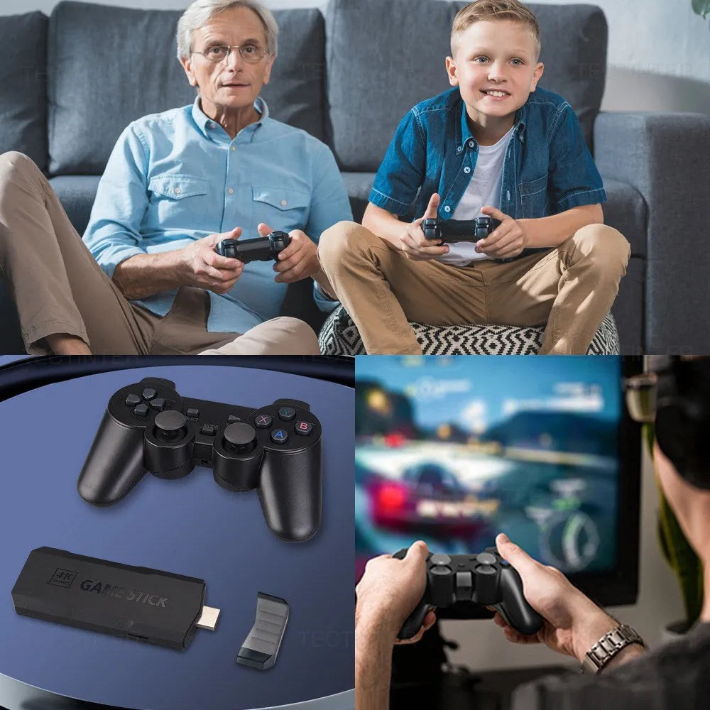 Black HD home TV game console with wireless handle on a wooden surface next to an HDMI cable.