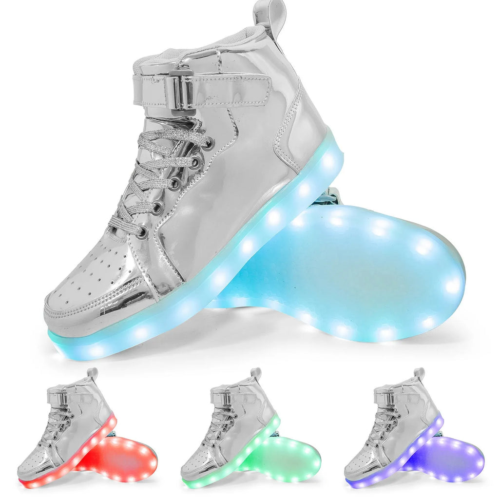 Black LED light-up high-top shoes with Velcro strap and glowing sole.