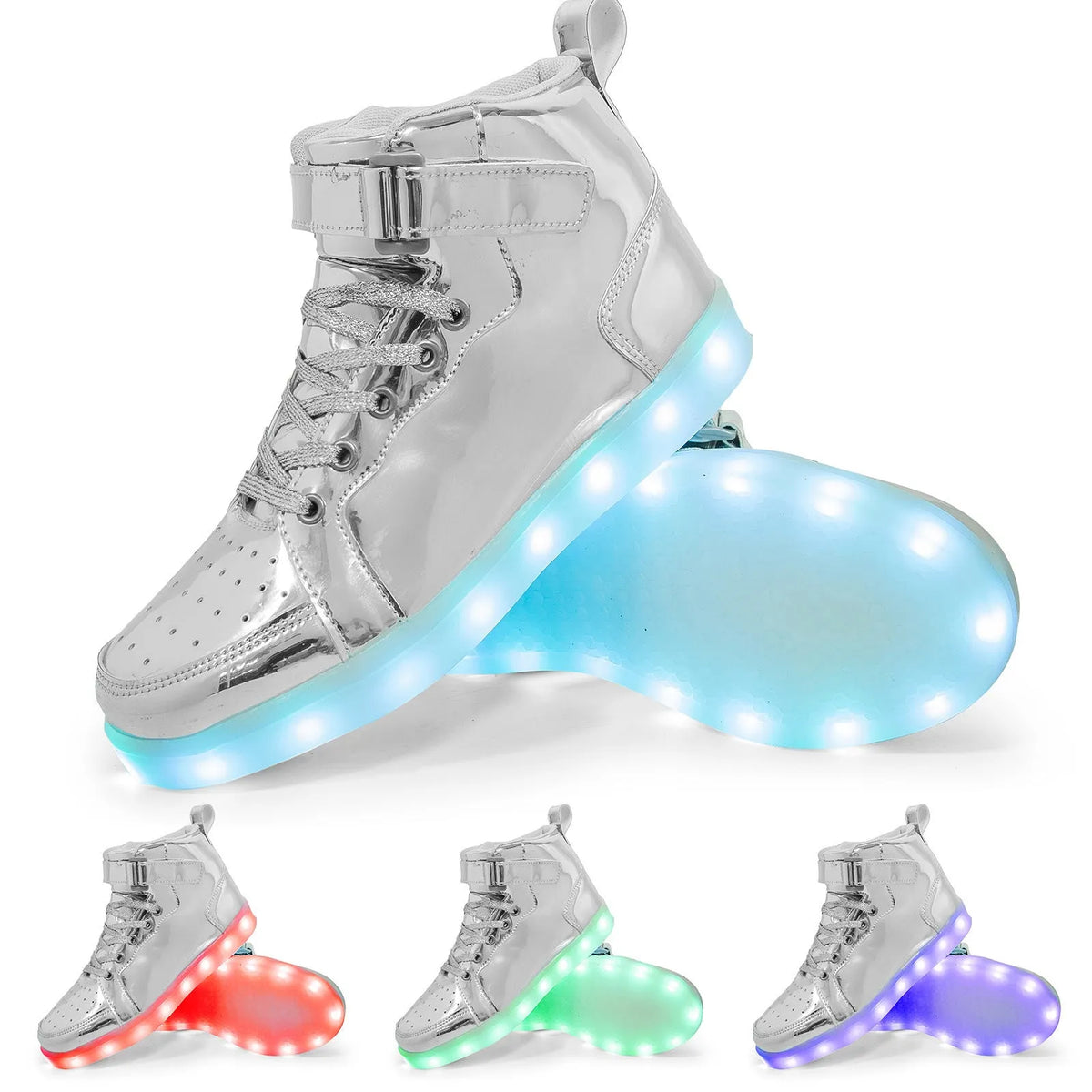 Black LED light-up high-top shoes with Velcro strap and glowing sole.