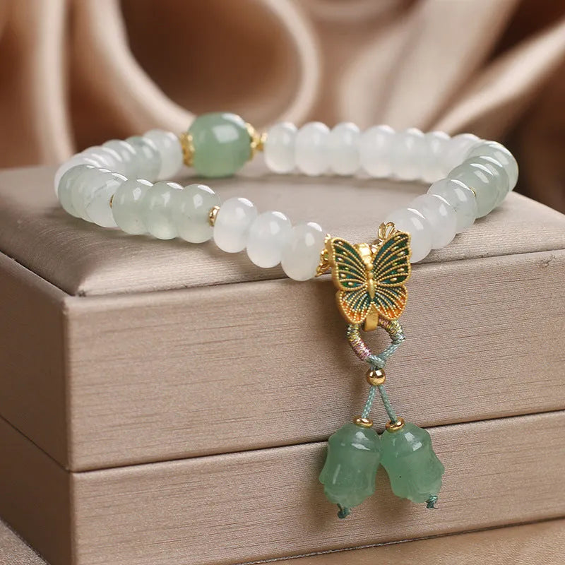 Green Tian Shan Cui abacus bead bracelet with crystal stones and retro butterfly charm tassel