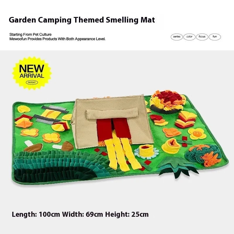 Dog sniffing mat with printed Garden Camping theme pattern, a plastic fabric puzzle toy for hiding treats.