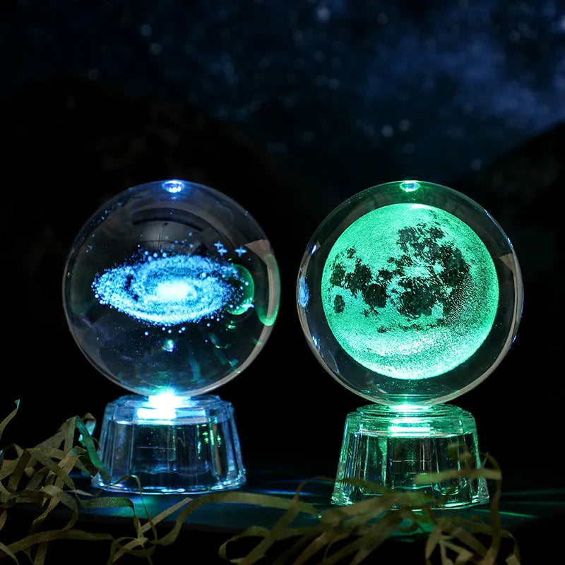 Transparent luminous crystal ball ornament with inner carving on fixed base