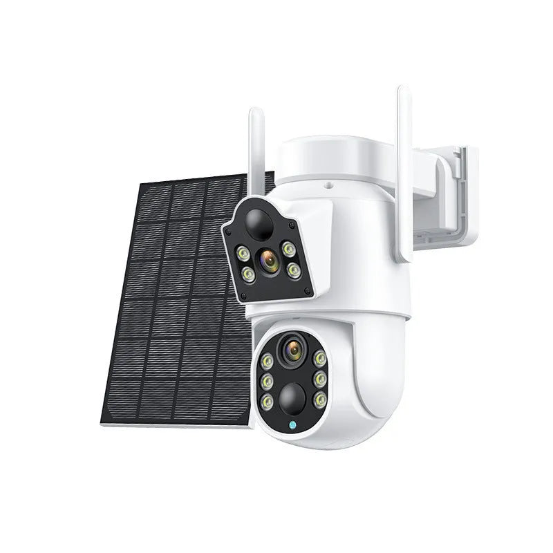 Outdoor solar-powered wireless WiFi security camera with solar panel in black or white casing