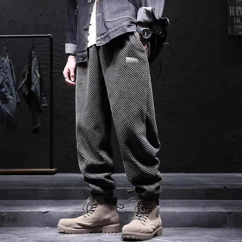 Men's grey ankle tie casual sweatpants with straight leg fit and non-ironing polyester blend fabric