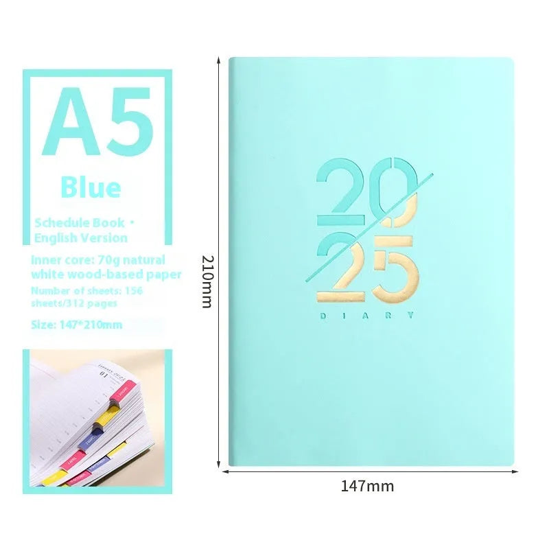 A5 daily schedule book with soft faux leather cover, open to show thread-bound 150 pages.