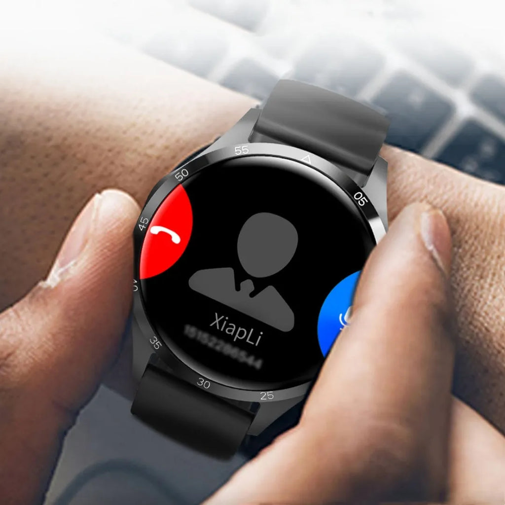 Black smartwatch with Bluetooth calling, sports modes and health monitoring functions on wrist