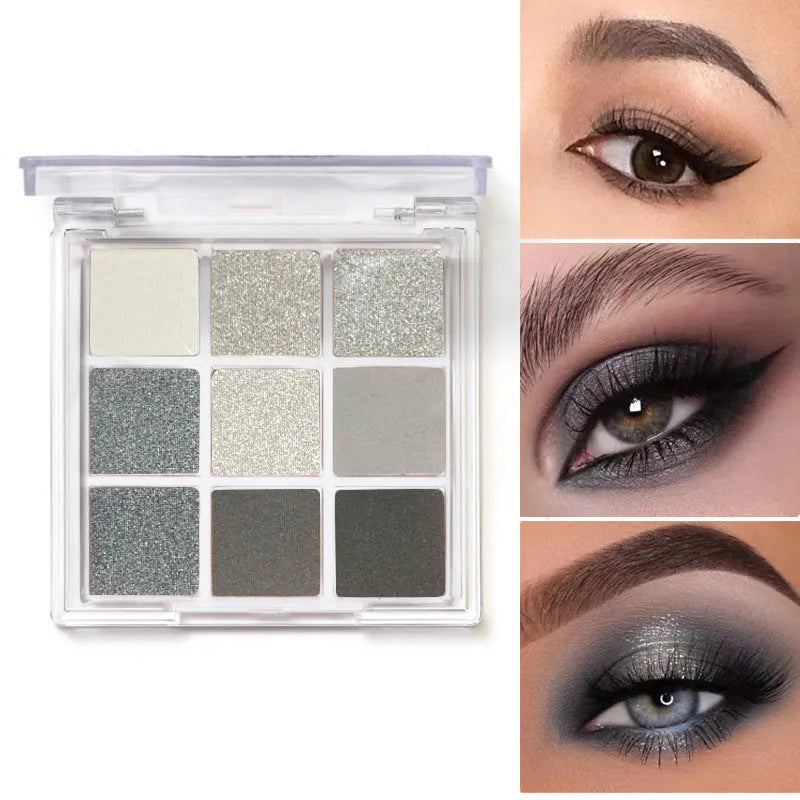 CZ0069 9-colour smoked eyeshadow palette compact showing white, silver, black, and iron grey shades.