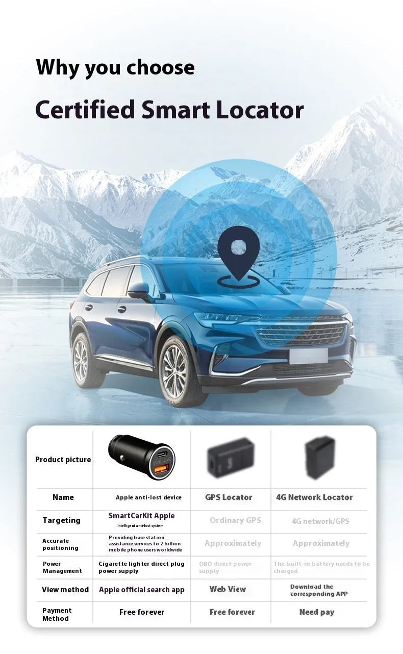 Black car charger GPS locator tracking device for vehicle security on a grey background.