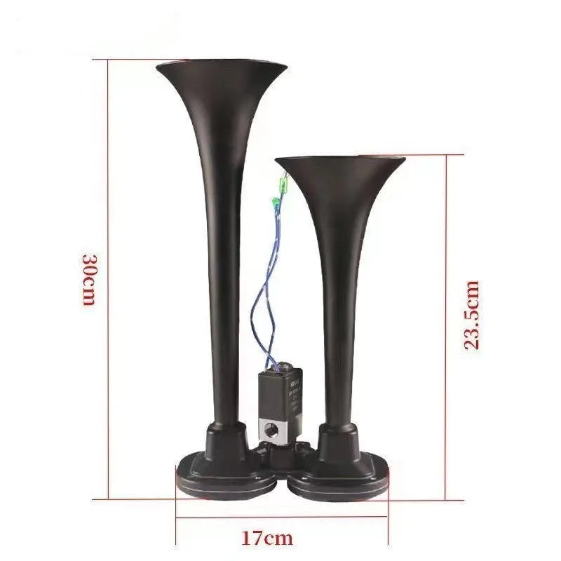 Black 12V 24V 300DB super loud dual trumpet air horn and compressor kit for vehicles.