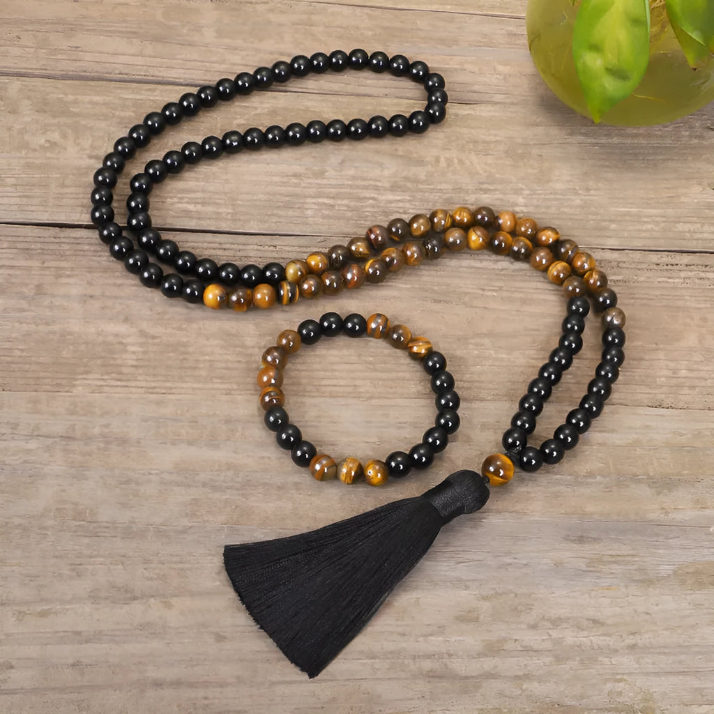 Tiger eye stone convertible tassel chain showing 81cm length and ball bead construction