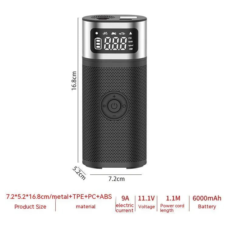 Black portable wireless air pump with 15cm tube, LED light, and multiple inflation nozzles