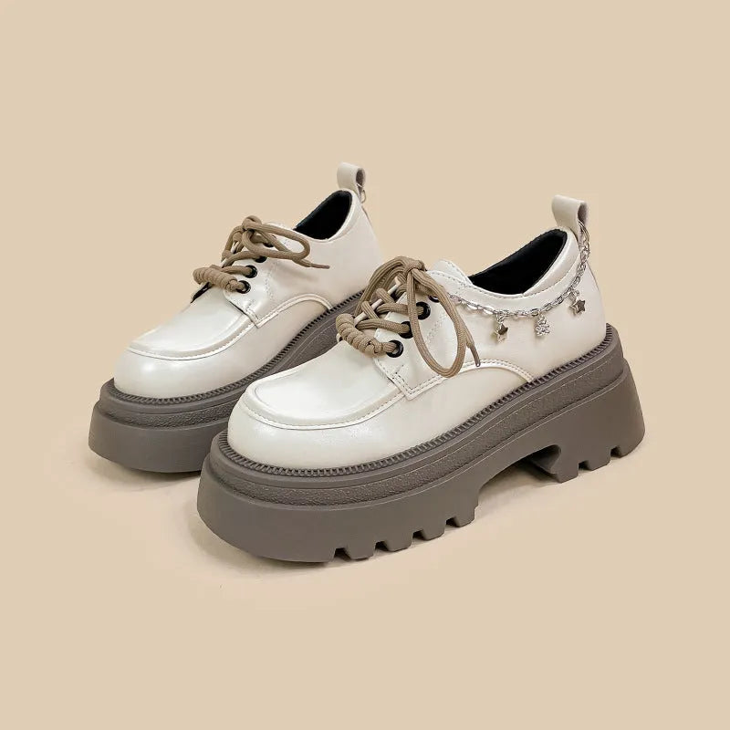 White women's Mary Jane platform shoes with round toe, lace-up front, and thick 6-8cm heel
