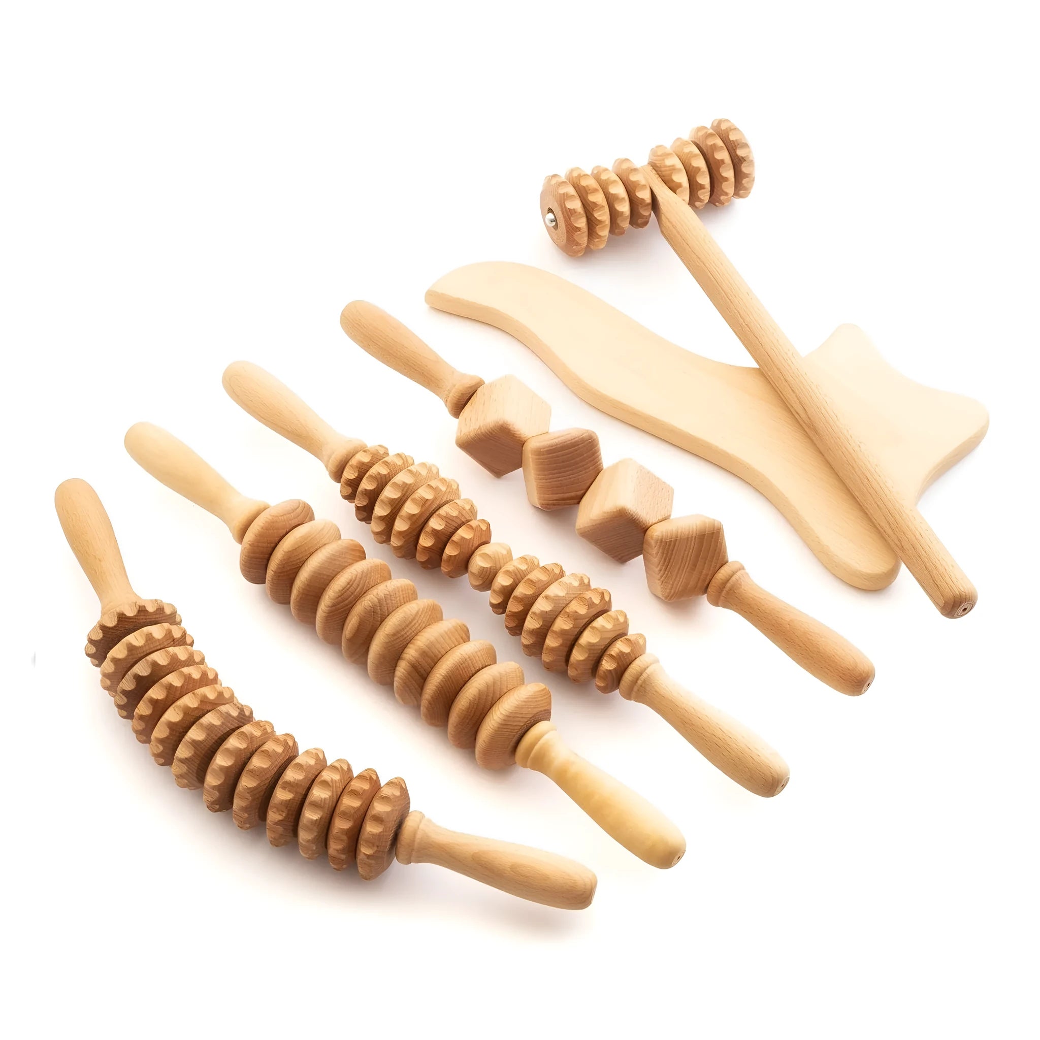 Beech wood massage roller set with T-shaped roller and multiple wheel sets on a neutral background.
