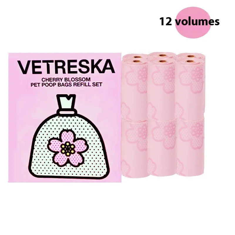 Portable dog poo bag dispenser capsule with scented inner bags in strawberry, orange, or cherry blossom options