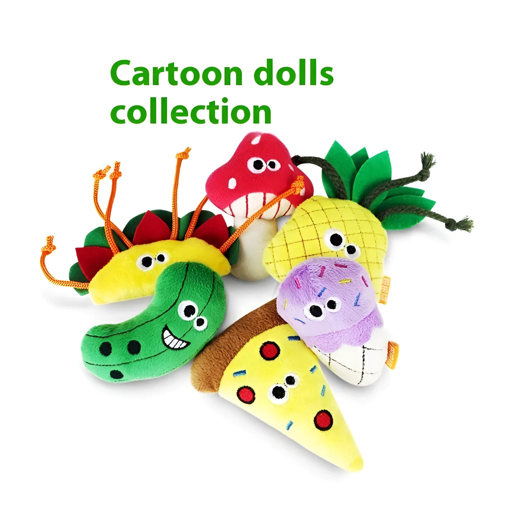 Six catnip plush toys shaped like burrito, cone, cucumber, mushroom, pineapple, and pizza for feline chewing play