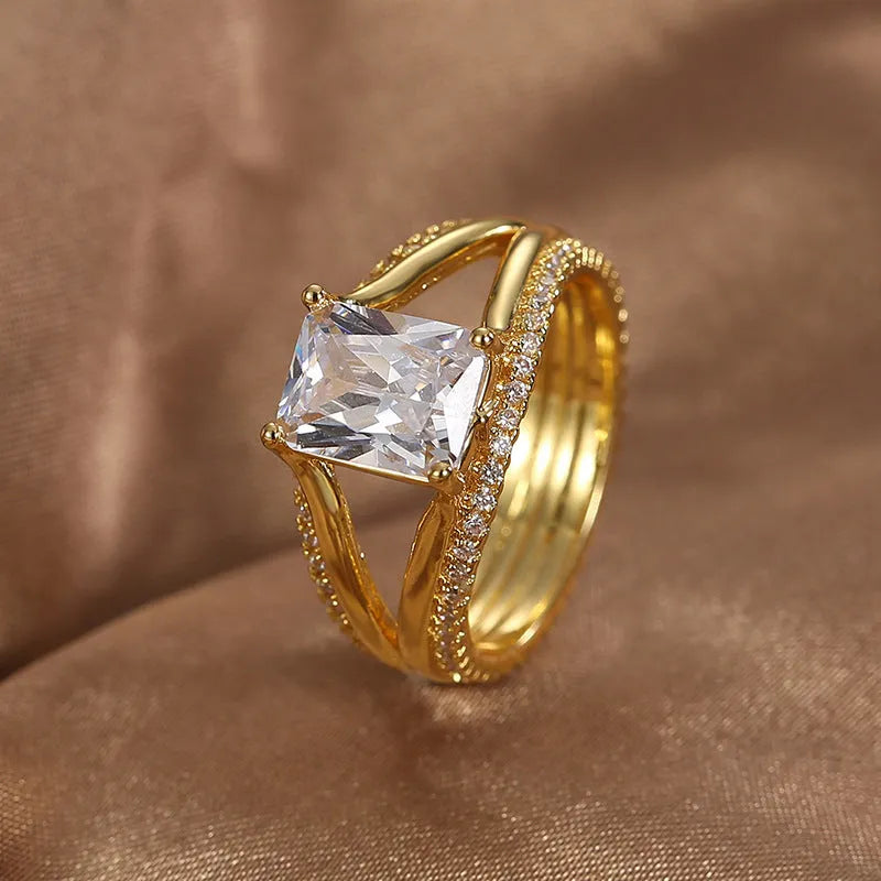 Gold square zircon copper ring geometric women's jewellery