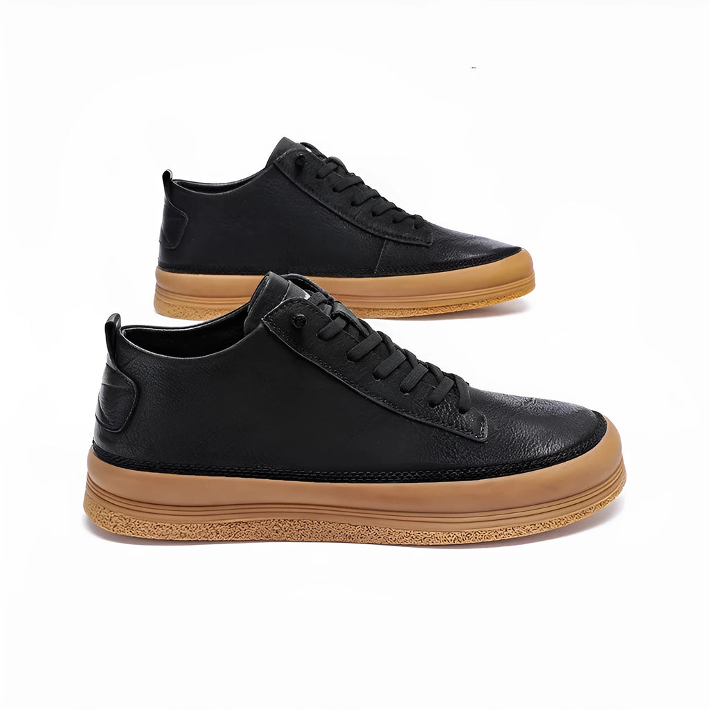 Men's black and white casual leather shoes with round toe and flat rubber sole