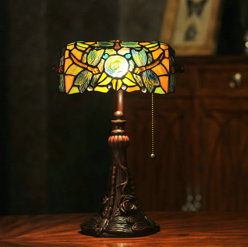 10-inch Tiffany table lamp with stained glass resin base on desk surface