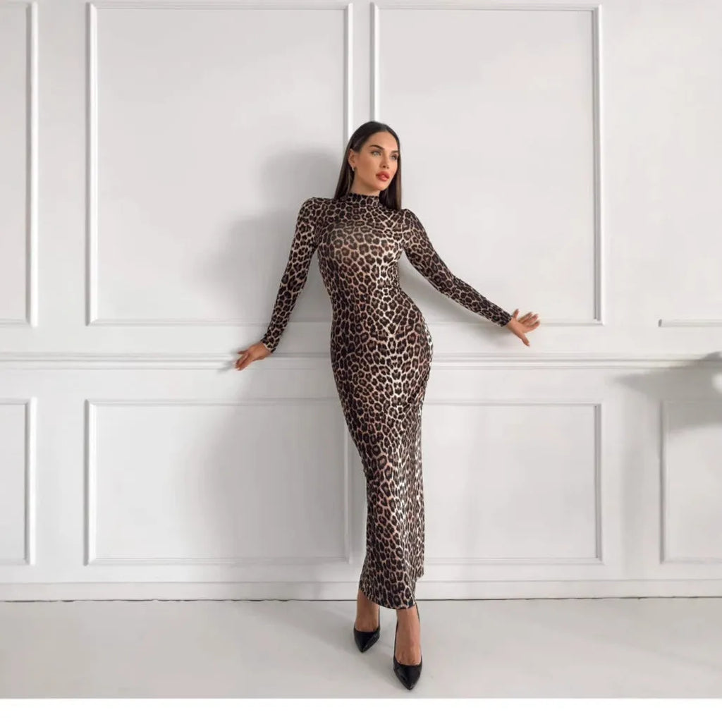 Leopard print long sleeve dress with stand collar and high waist hip skirt