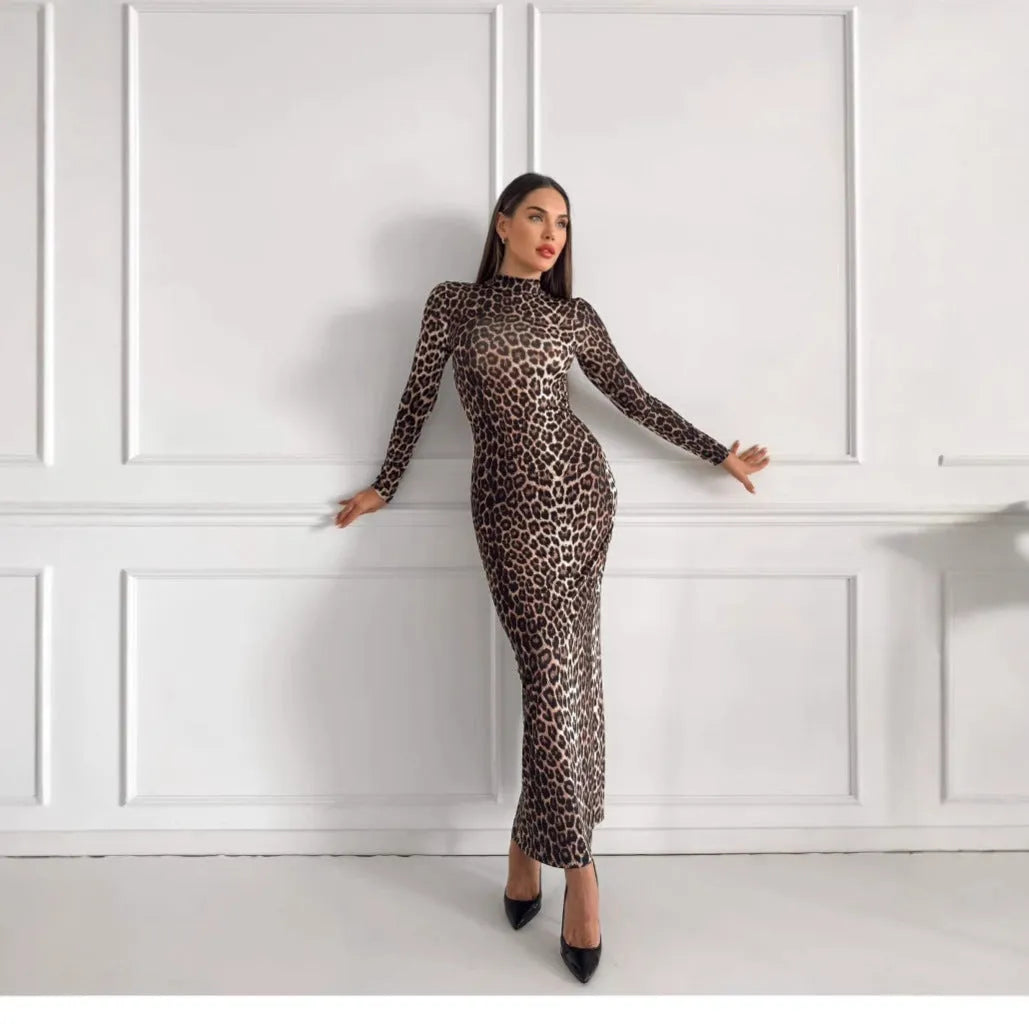 Leopard print long sleeve dress with stand collar and high waist hip skirt