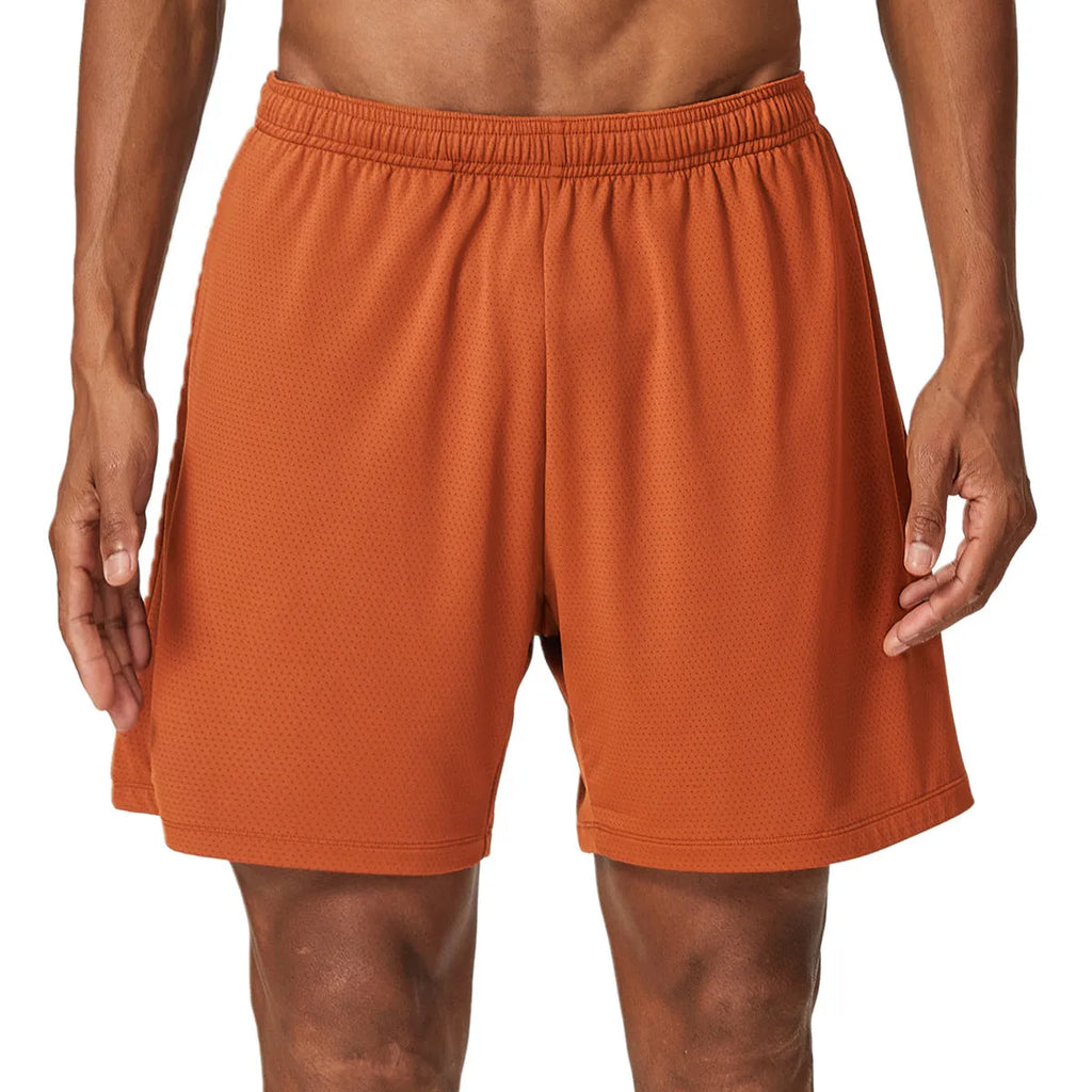 Men's quick-drying double-layer running shorts in khaki colour, showing mid waist and short length design.