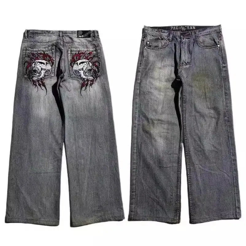 Gray washed-out men's straight-leg jeans with wide-leg design and micro-elastic polyester denim fabric