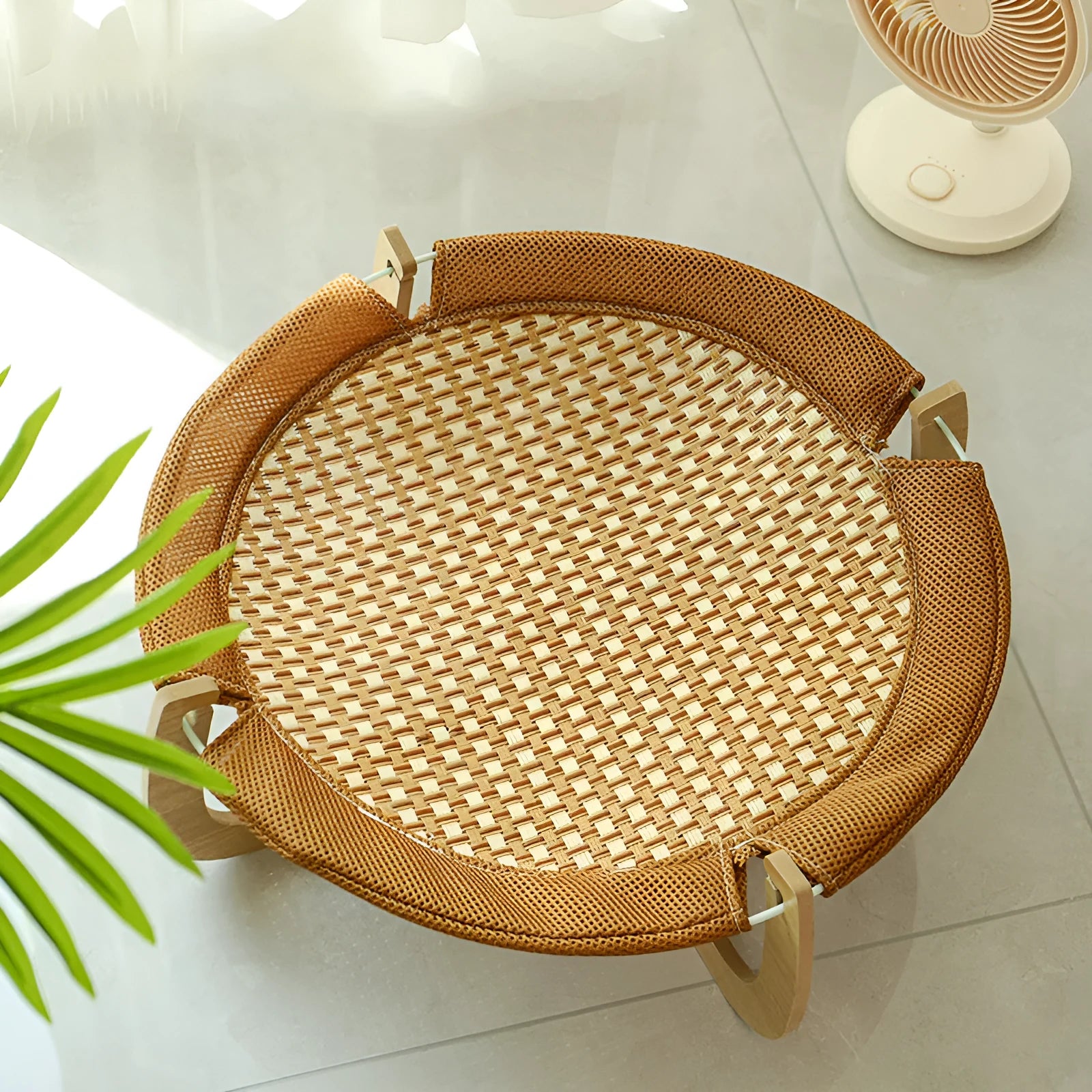 Brown woven rattan pet hammock bed measuring 46cm square with 17.5cm height elevation