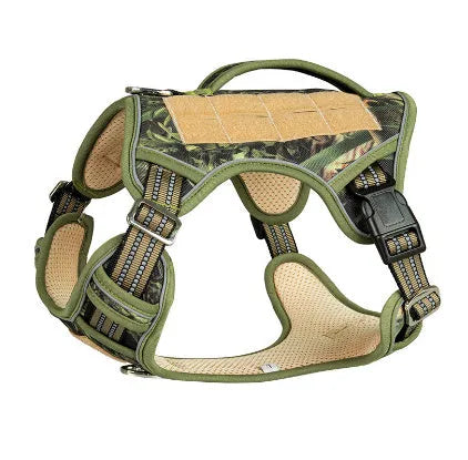 Oxford cloth tactical dog chest harness in camouflage colour for search and rescue working dogs.