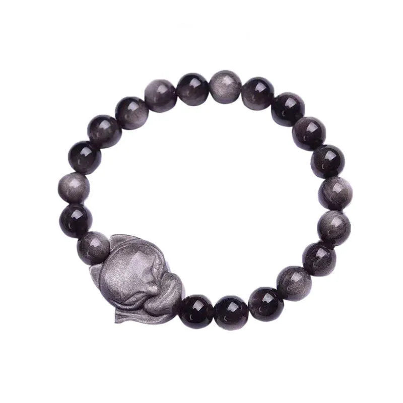 Obsidian fox bracelet for women with 8mm polished stone beads and silver-plated fox charm jewellery