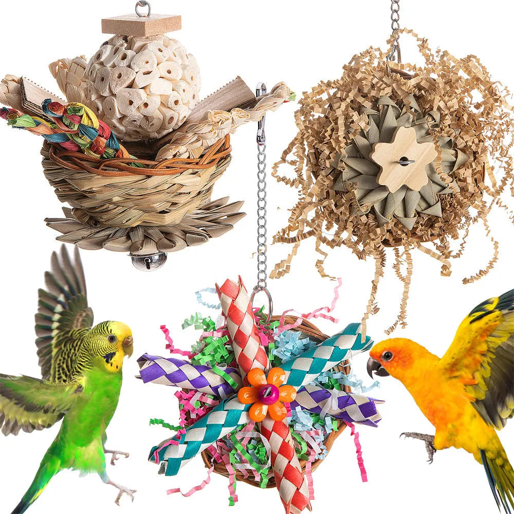 Parrot gnawing toy with wooden blocks in three different configurations for bird chewing enrichment