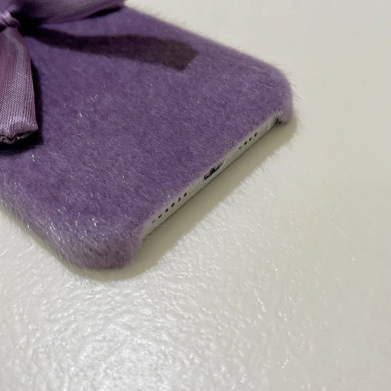 Purple Korean style silk bow plush phone case for iPhone, back cover with mink plush texture